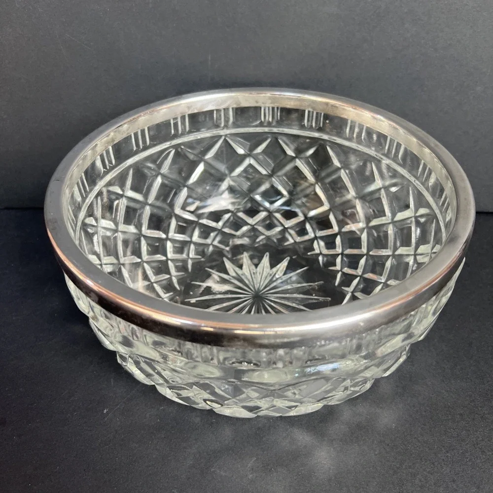 VTG Heavy Cut Glass Serving Bowl with Silver Plated Rim Large 8.25